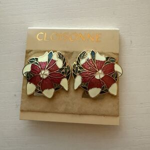 Vintage Cloisonne Colorful Red Enamel Floral Holiday Earrings Clip On